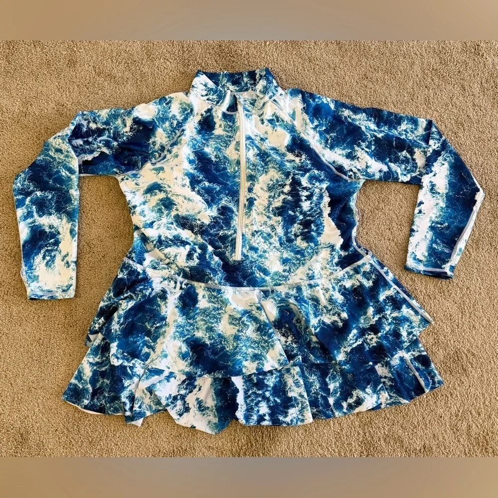Rash Guard One Piece Swimsuit Blue Ocean Print Long Sleeve Modest Swim Dress XL